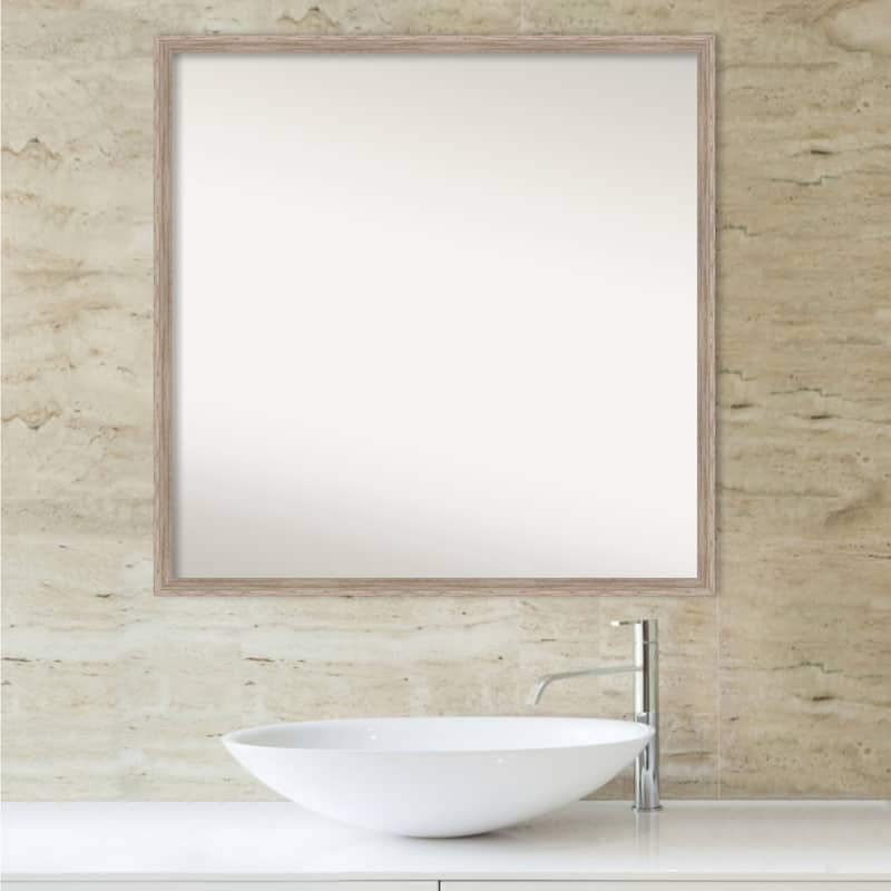 Non-Beveled Wood Bathroom Wall Mirror - Hardwood Wedge Whitewash Frame
