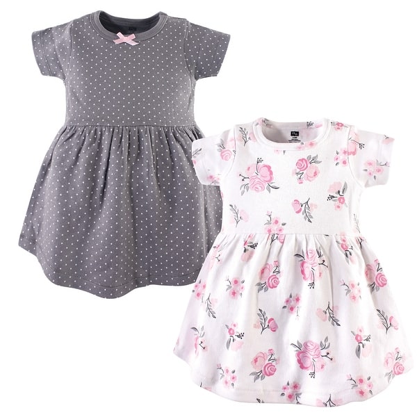slide 1 of 1, Hudson Baby Infant and Baby Girl Cotton Short-Sleeve Dresses 2pk, Pink Gray Floral 0-3 Months - Pink Gray Floral