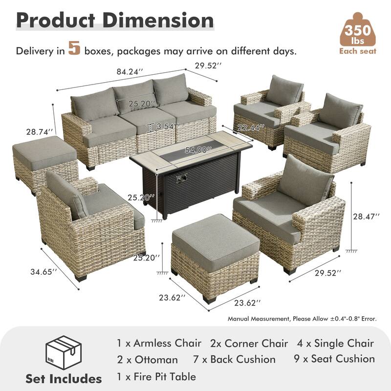 OVIOS 10 Pieces T shaped Seat Wide Armrest Set With Fire Pit