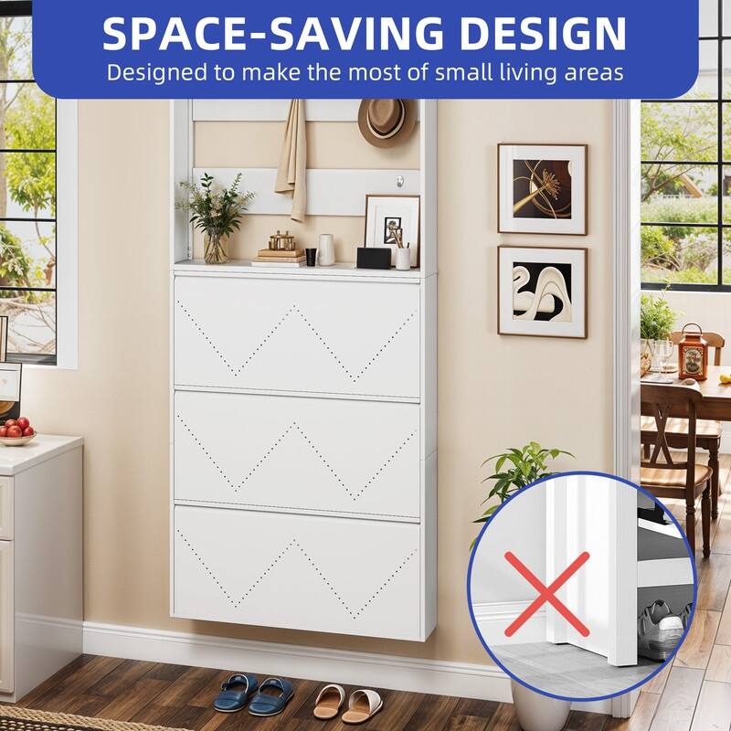 Moasis Wall-Mounted Shoe Cabinet with 3 Flip Drawers, Shoe Organizer with Hanging Bars and Hooks