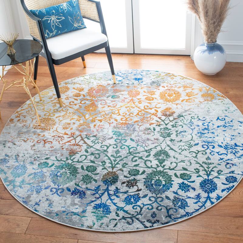 SAFAVIEH Aria Hatice Boho Floral Damask Rug - 6'5" Round - Grey/Green