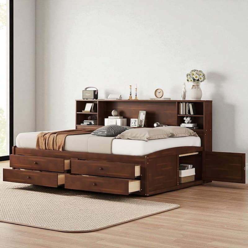 Full Size Wooden Captain Bed with Storage Shelves, 4 Drawers & 2 Cabinets, Antique Brown Finish