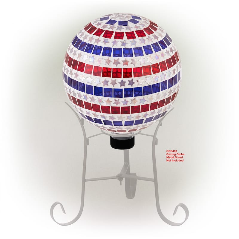 Alpine Corporation 10" Diameter Indoor/Outdoor Patriotic Glass Stars and Stripes Gazing Globe Yard Decoration Red White and Blue
