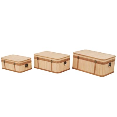 Rattan Woven Decorative Trunk with Brass Metal Latches and Brown Wooden Accents - Set of 3 Light Brown - Roche River Decor