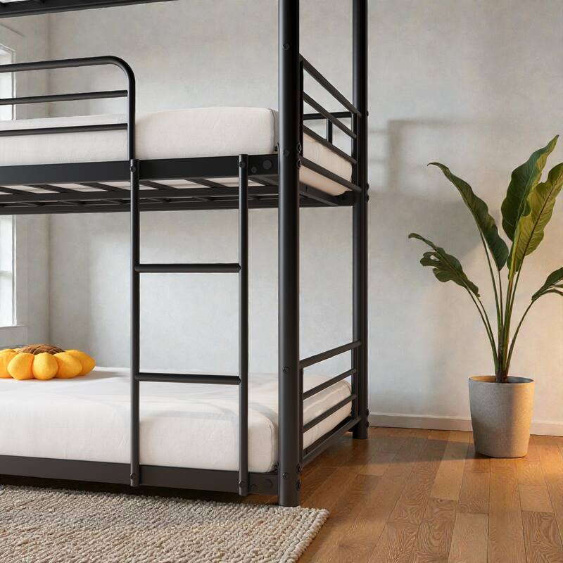 Twin Over Twin Over Twin Metal Triple Bunk Bed with Guardrails and Dual Ladders, Space Saving Frame, No Box Spring Needed