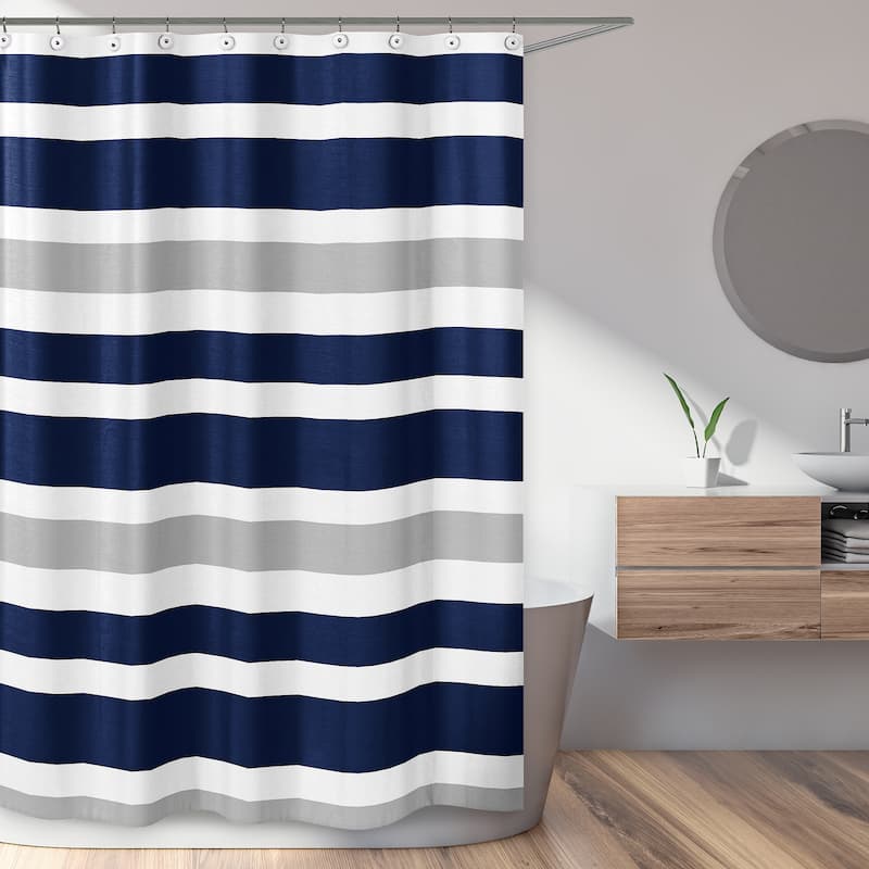 Navy Blue and Gray Stripe Shower Curtain