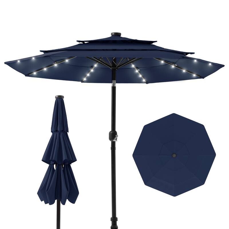 COSIEST Outdoor 10ft 3 Tiers Market Patio Umbrella with Solar LED lights - Navy blue