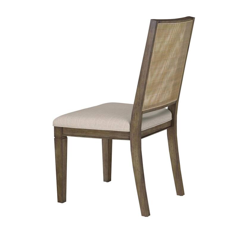 Andy Dining Side Chair Set of 2, Woven Rattan, Gray Fabric, Brown Wood