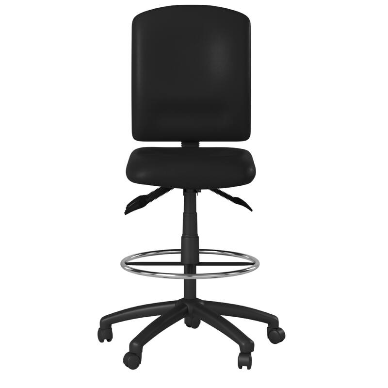 Reza Swivel Drafting Stool, Footring, Black Faux Leather, Contoured
