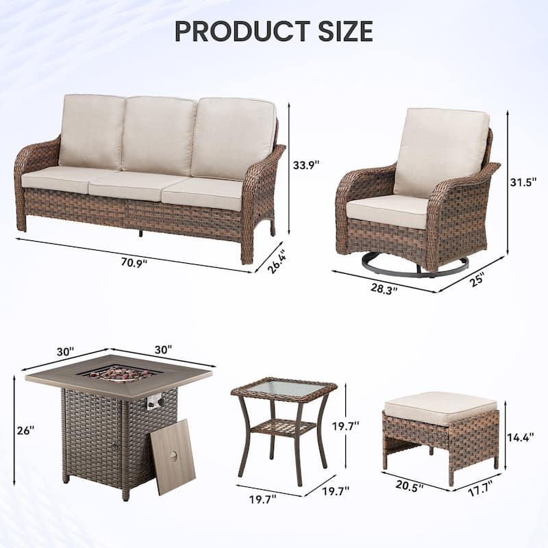 Pocassy Patio Sofa Swivel Chair with Fire Table Funiture Set