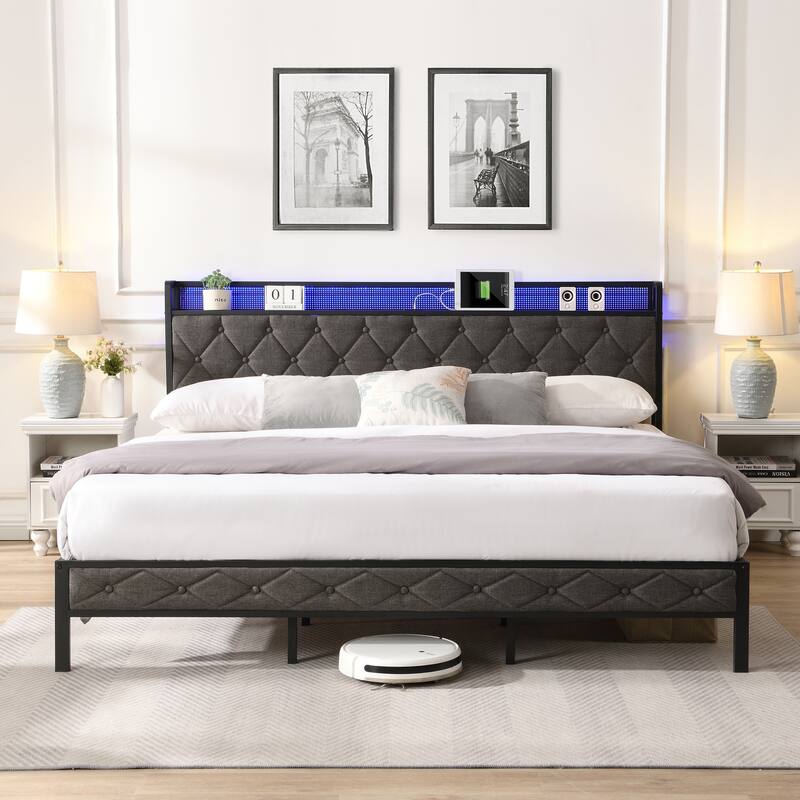 Modern Bed Frame with LED Lights, Storage Headboard, USB Ports, No Box Spring Needed Full/Queen/King