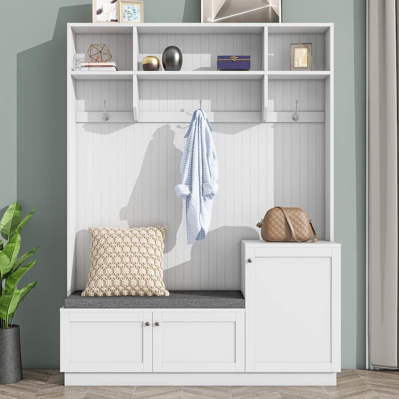 Roomfitters Elegant Hall Tree with Storage Bench and Cushioned, Mudroom Shoe Cabinet with Hooks for Living Room