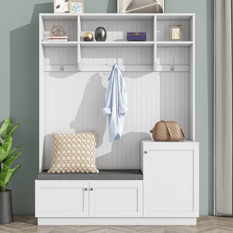 Upholstered Bench Shoe Bench with Storage Cabinets and Hooks, Coat Rack Entryway Bench with Storage Compartments - White