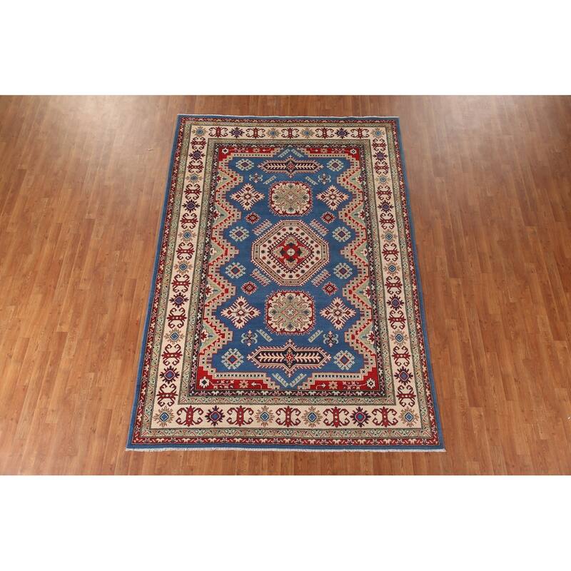Blue Geometric Kazak Area Rug Handmade Oriental Wool Carpet - 6'8" x 9'9"
