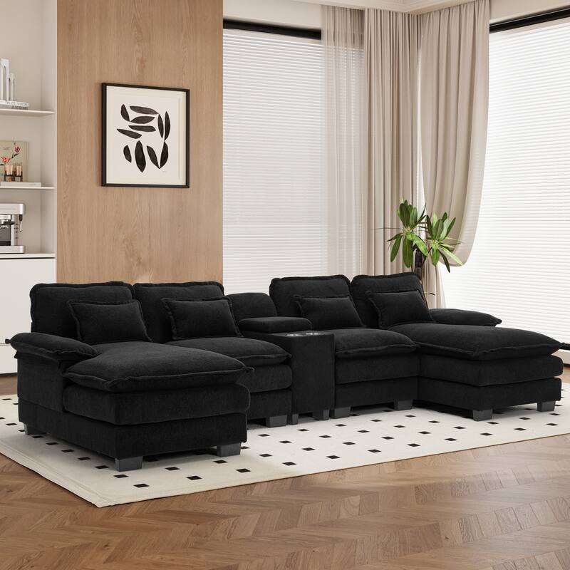 U-shaped Sectional Sofa Chenille Fabric Doudle Layer Cushion with USB Central Console
