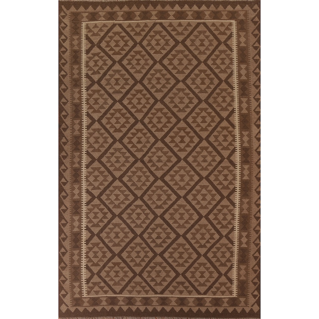 Hand Woven Oriental 100% Wool Carpet Southwestern Geometric Brown Kilim Area Rug - 9' 7'' X 6' 9''