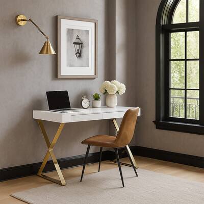 Rix 47 Inch Office Desk, 2 Drawers, Gold Metal Base, Rectangular, White