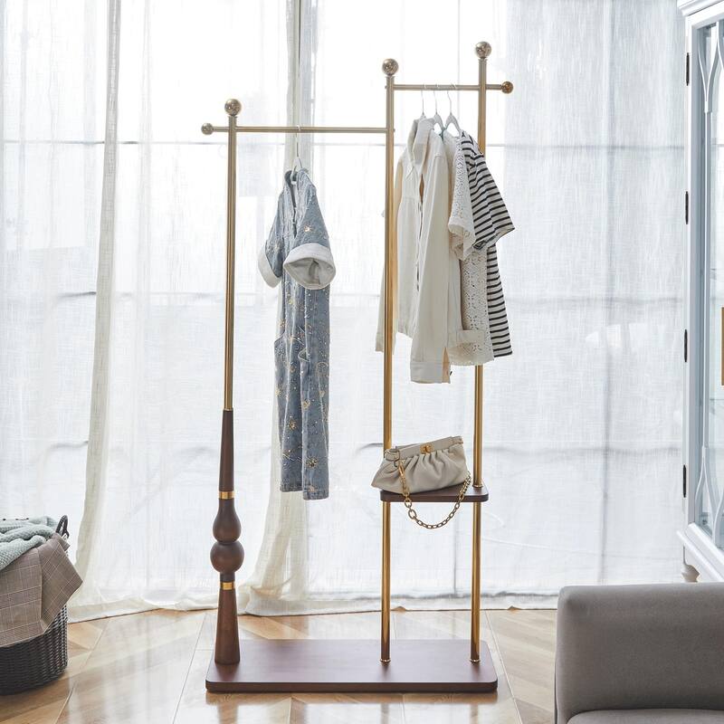 Rustic Industrial Coat Stand: 70" Tall with Dual-Tier Storage - Combines Sturdy Wood & Steel for Vintage-Chic Organization. - Brown