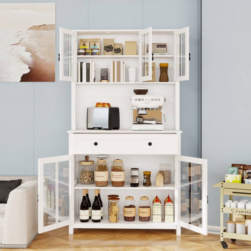Kitchen Pantry Cabinet with 1 Large Drawer, Buffet Cabinet with Microwave Oven Countertop, Cabinet with Adjustable Shelves