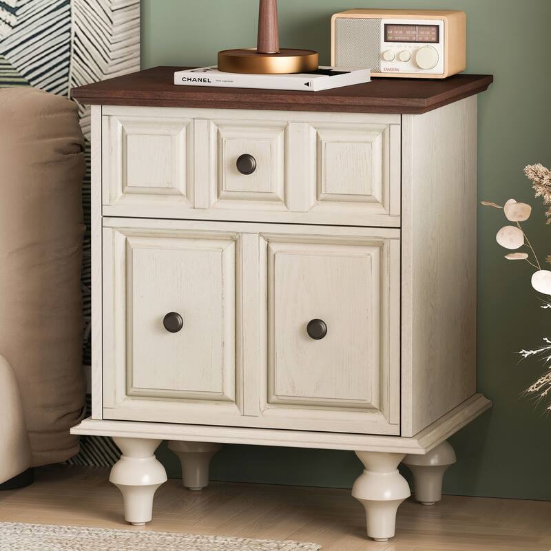 Vintage Nightstand with 2 Drawers and Roman Column Legs Set of 2