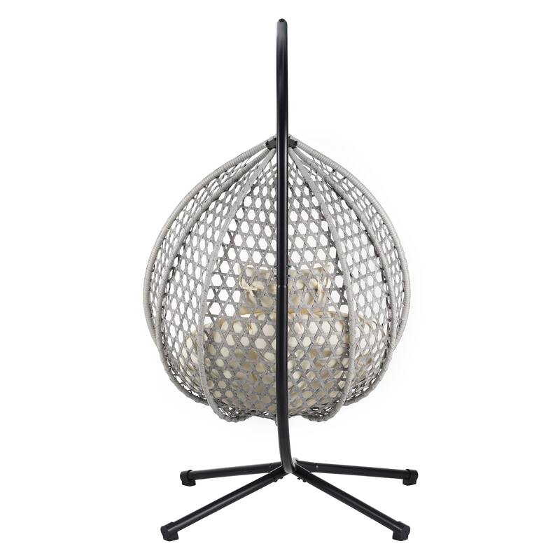 Hollowed-Out Hanging Chair with Adjustable Headrest, Weather-Resistant Rattan Swing Chair with Iron Base