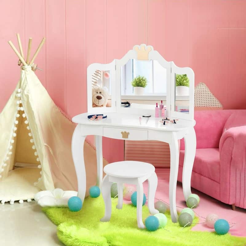 Youth Vanity Set with Tri-Folding Mirror and Stool for Makeup and Play - 12" x 12" x 12.5" (L x W x H)