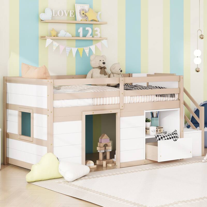 Solid Wood Low Loft Bed With Stair, Drawer, and Shelf