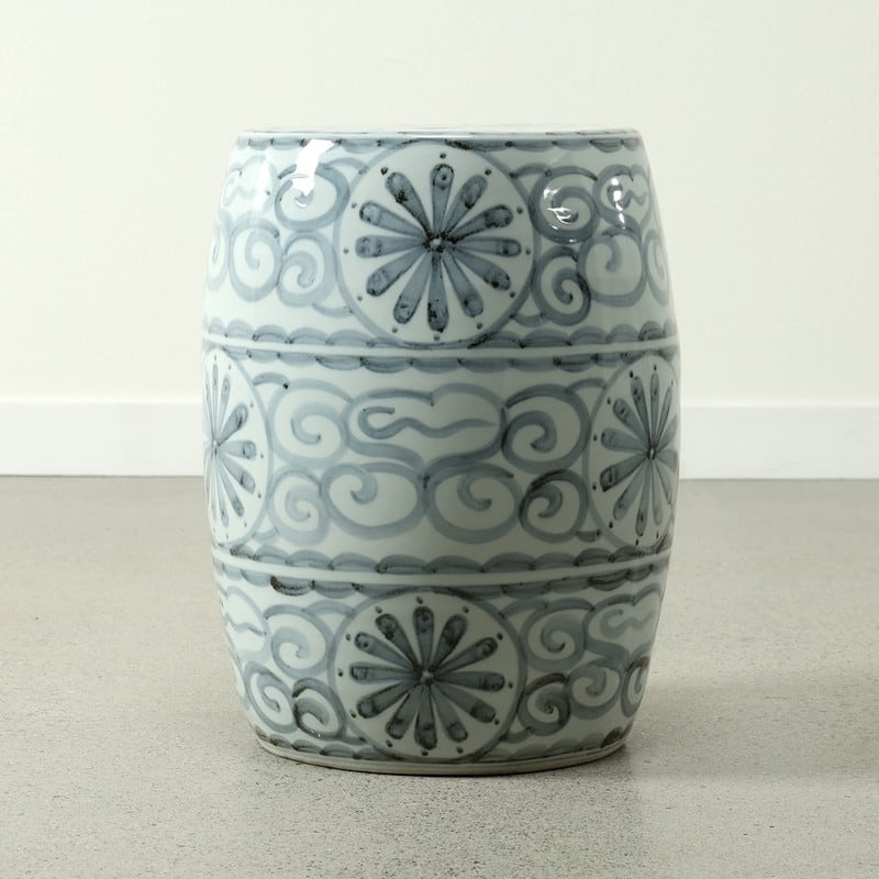 Approx. 17" High Soft Sky Blue Hand-Glazed Ceramic Garden Stool with Flower Motif