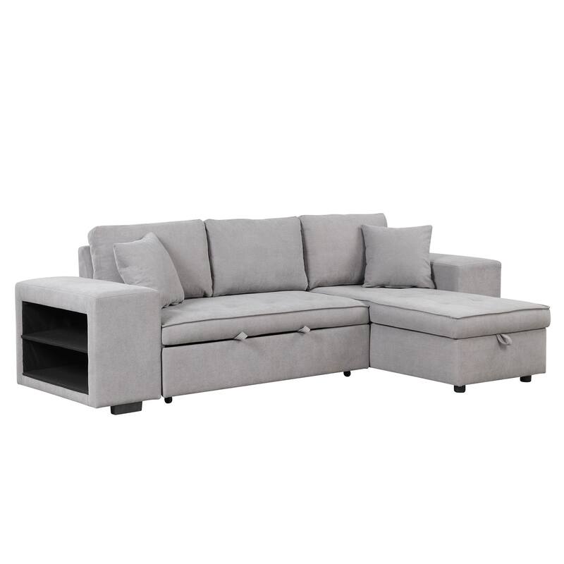 3 Seat L-Shape Sectional Couch, Pull Out Sleeper Sofa with Storage Chaise, Stools
