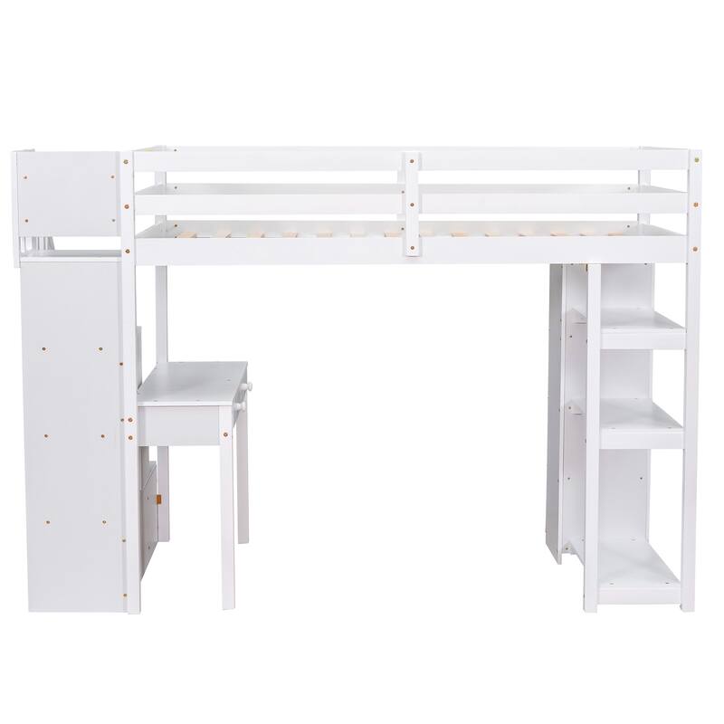 Twin Wooden Loft Bed with Desk and Drawers