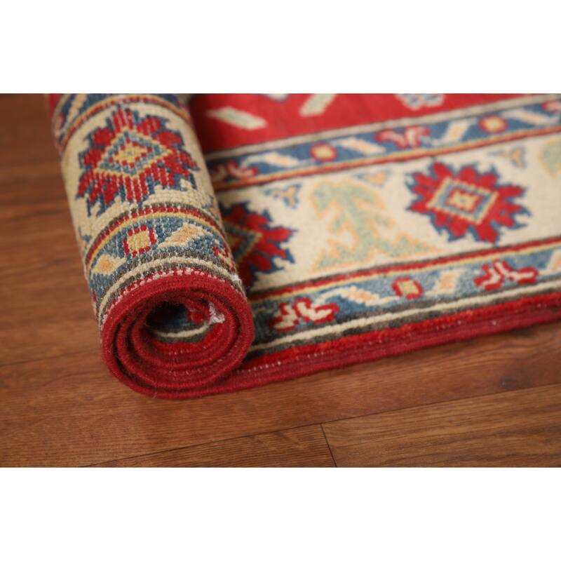 Red Kazak Accent Rug Hand-Knotted Geometric Wool Carpet - 2'10"x 4'2"