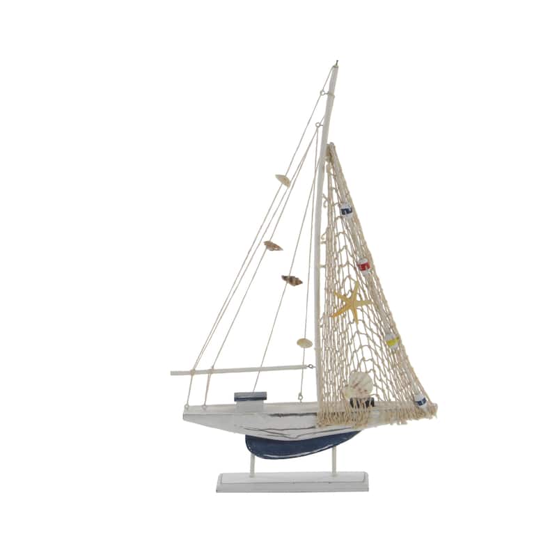 White Wood Handmade Sail Boat Decorative Sculpture (Set of 2)