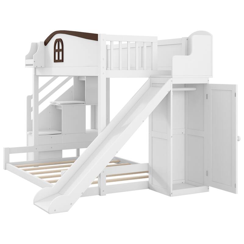 Roomfitters Twin Over Full Bunk Bed with Slide, Wardrobe and Storage Staircase