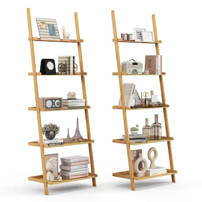 Costway 2 PCS 5-Tier Bamboo Ladder Shelf Wall-Leaning Display Bookcase - See Details