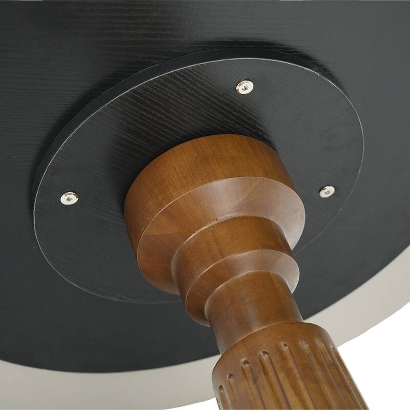 33" Retro Round Side Table, Glass & Sintered Stone Tabletop Dining Table with Solid Wood Pedestal