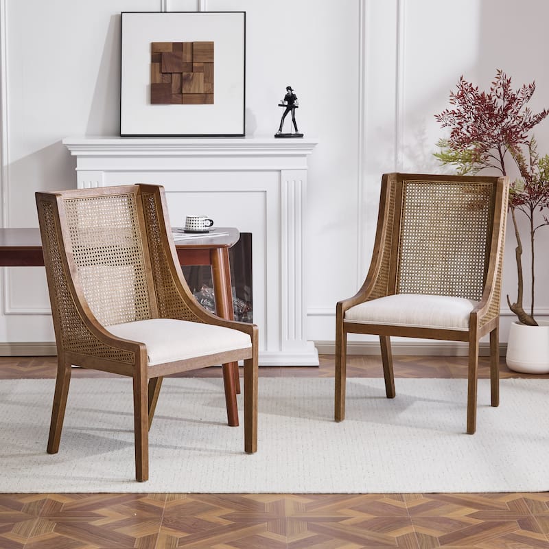 Maurers Cane and Wood Upholstered Dining Chairs (Set of 2) by Christopher Knight Home - Walnut+Beige