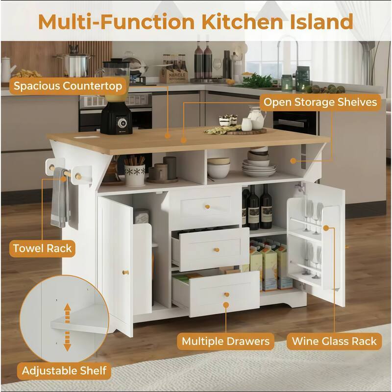 Rossetta Classic Versatile Design Folding Rolling Kitchen Island with Extendable Countertop and Power Outlet
