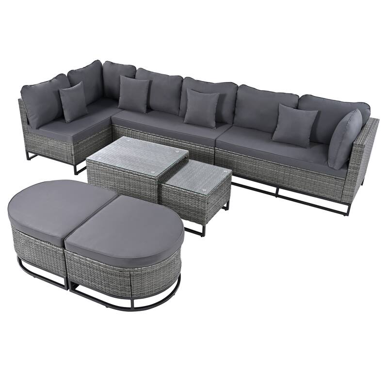 7-Piece Outdoor Wicker Sectional Sofa Set, All-Weather Patio Rattan Furniture Set with Coffee Table and Pillows
