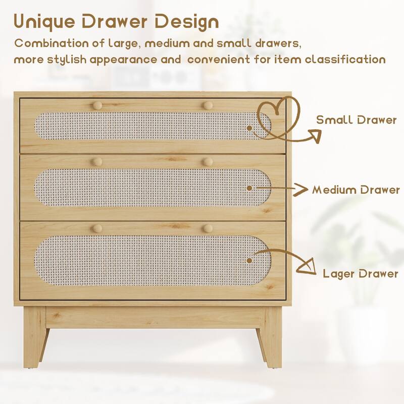 Rattan Drawer Dresser, 3 Wood Drawers Storage Cabinet Dresser for Bedroom, Living Room,Hallway