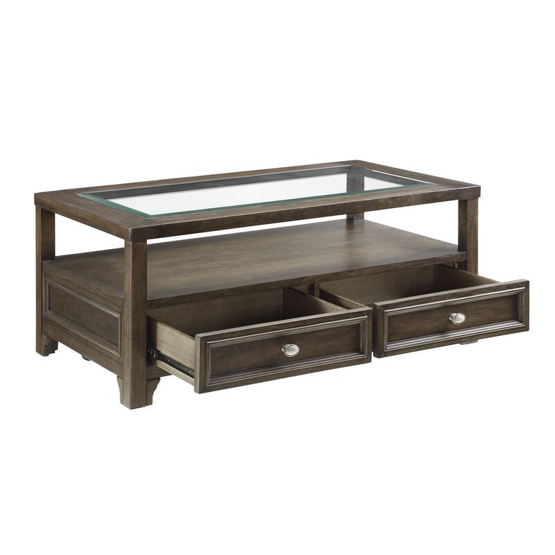 Berny Coffee Table, 2 Drawer and Glass Top, Charcoal Brown 46 Inch