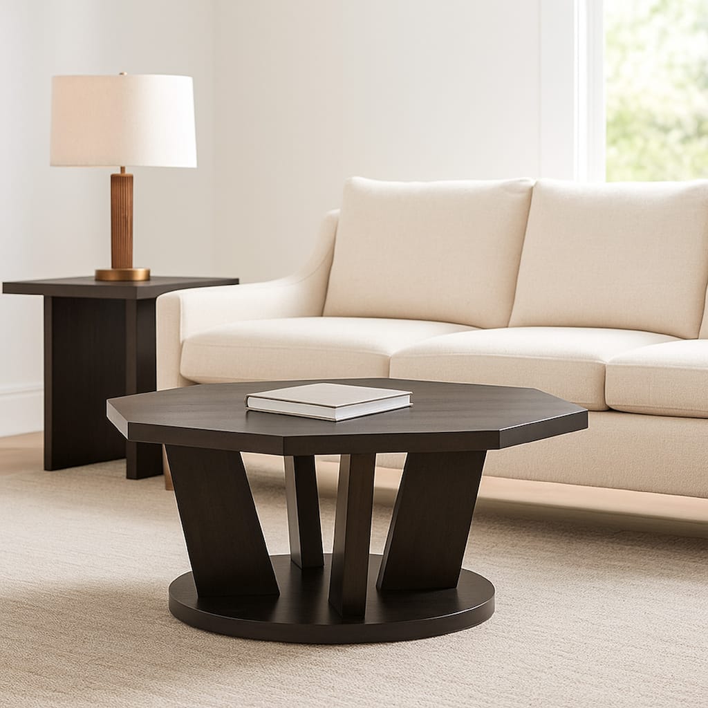 Chloe Cocktail Coffee Table, 40 Inch Octagon Espresso Brown Wood