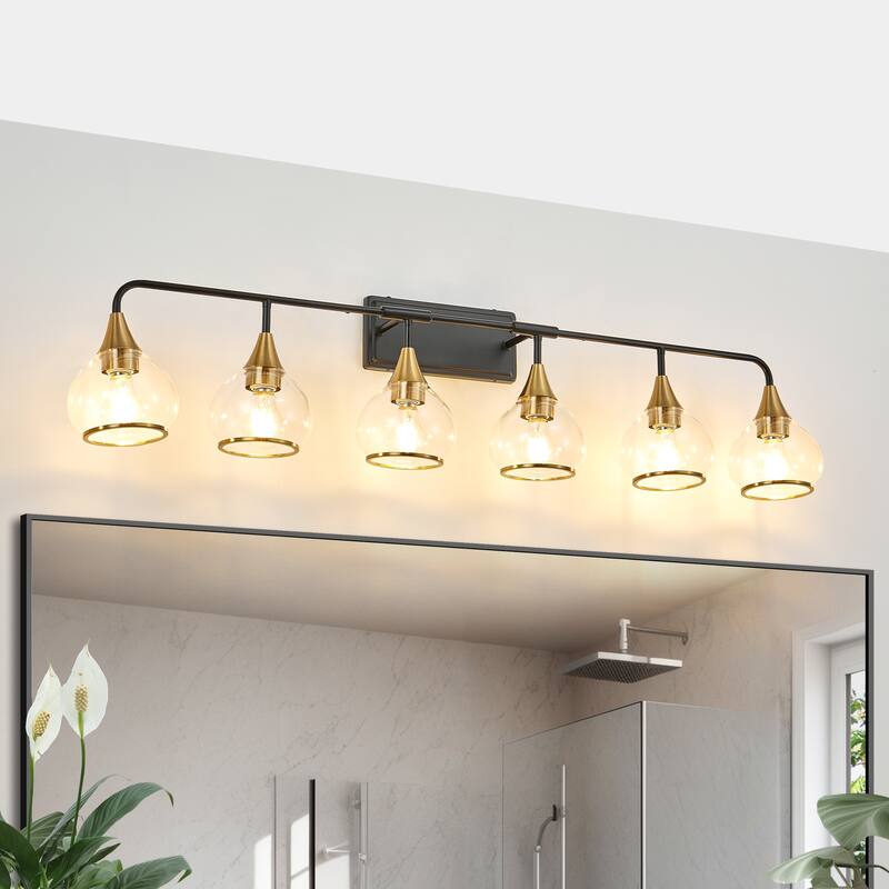 48" 6-Light Black Gold Vanity - Clear Glass - Industrial - Bathroom(Bulb Not Included) - Black+Gold