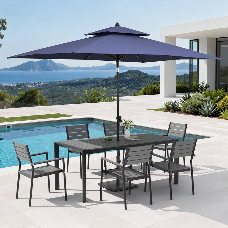 Set of 9 Outdoor Patio Dining Set WoodLike Aluminum Umbrella Hole Table with Stackable Armchairs, Market Umbrella Set - GreyTable&GreyChairs&NavyBlueUmbrella