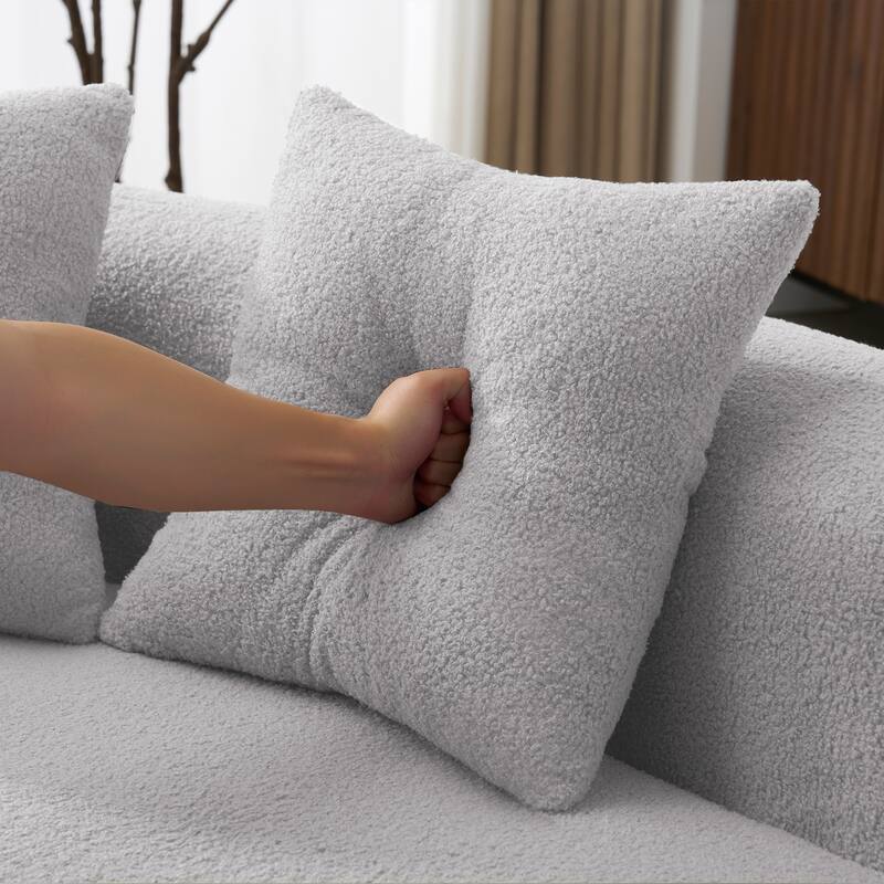 Curved Four Seater Grey Sofa, Teddy Velvet Fabric, No-Assembly for Small Spaces