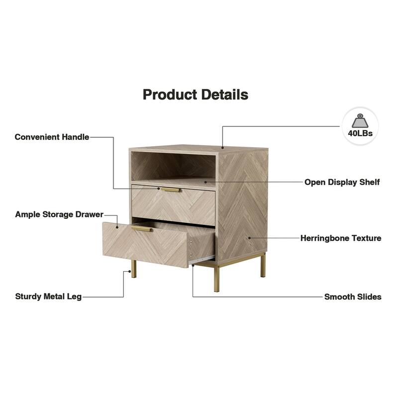 Anmytek Mid-Century 2 Drawer Nightstand Wood Grain Bedside Table Side Table with Open Shelf