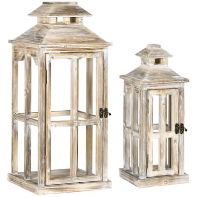 2 Pack 28"/20" Large Rustic Wooden Lantern Decorative, Indoor/Outdoor Lantern for Home Décor (No Glass), Natural