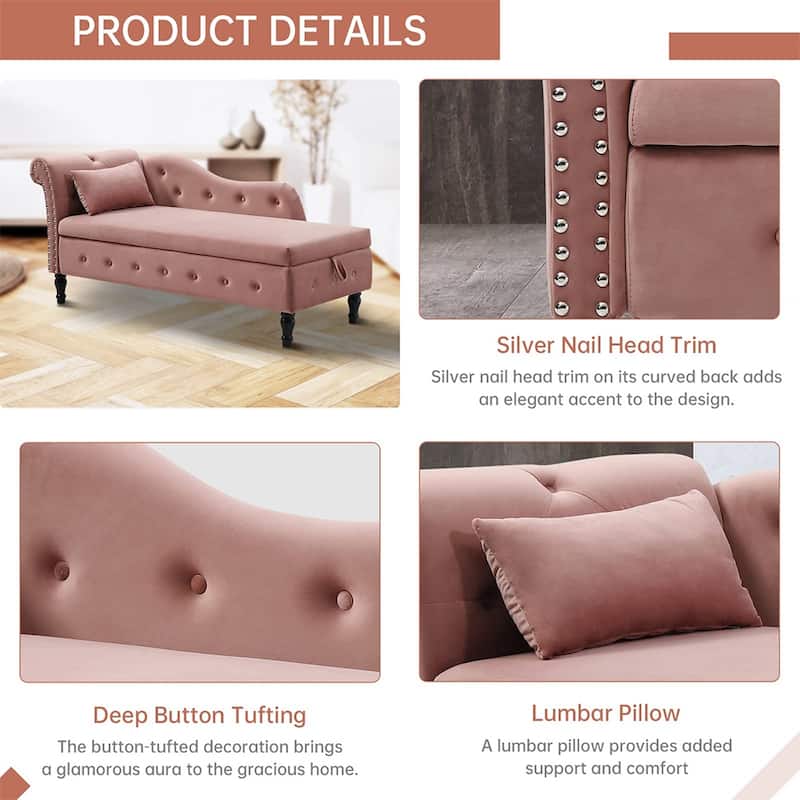 60"W Velvet Tufted Chaise Lounge, Storage Chaise Sofa, Solid Wood Leg - 25"D x 60"W x 27"H