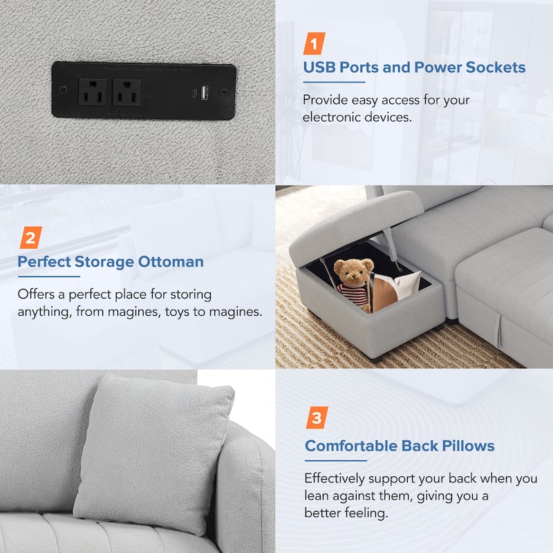 82.6" L-shaped Sectional Pull Out Sofa Bed Sleeper Sofa with Two USB Ports, Two Power Sockets and a Movable Storage Ottoman, Bei