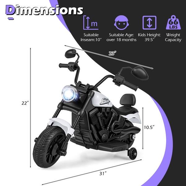 dimension image slide 1 of 4, Gymax Kids Motorcycle w/Headlight Music Training Wheels Foot Pedal for