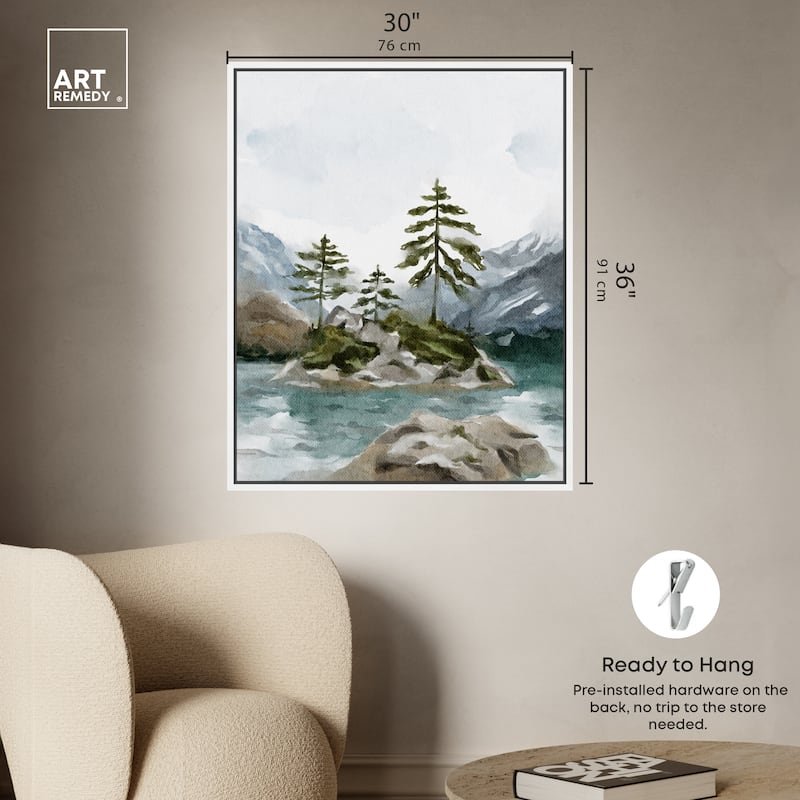 Art Remedy Cold Winter Lake Framed Landscape 1 Piece Canvas Wall Art Watercolor Style